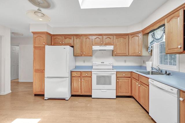 kitchen featuring under cabinet range hood, light wood finished floors, white appliances, and a sink