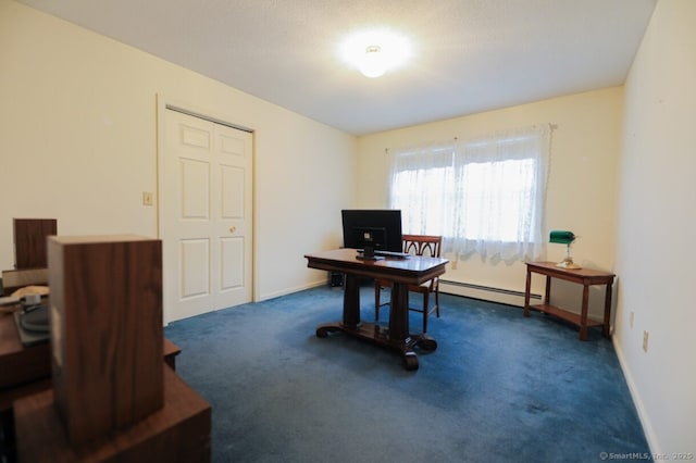1900 Litchfield Rd, Watertown, CT 06795 - home office with a baseboard radiator, dark colored carpet, and baseboards