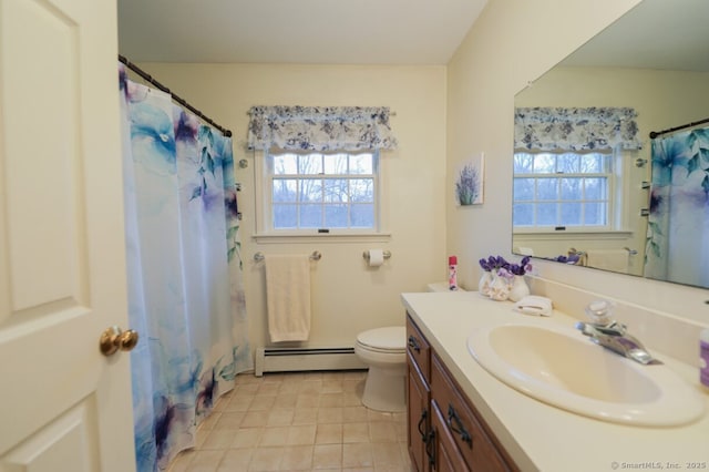 1900 Litchfield Rd, Watertown, CT 06795 - bathroom with baseboard heating, vanity, toilet, tile patterned flooring, and curtained shower