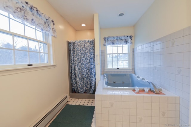 1900 Litchfield Rd, Watertown, CT 06795 - bathroom featuring baseboard heating, a shower stall, a whirlpool tub, and recessed lighting