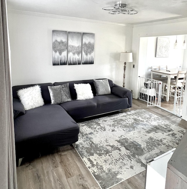 living room featuring crown molding and wood finished floors