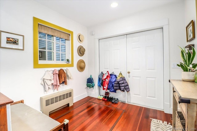 interior space with radiator heating unit, baseboards, and wood finished floors
