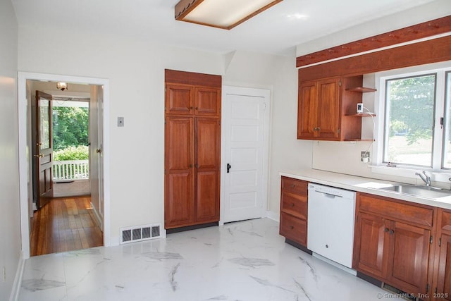 26 Seminary Rd, Simsbury, CT 06070 - kitchen featuring white dishwasher, open shelves, brown cabinetry, and light countertops