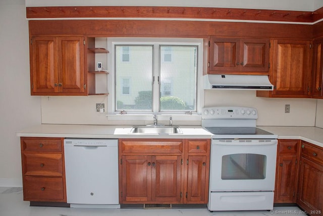 26 Seminary Rd, Simsbury, CT 06070 - kitchen with white appliances, extractor fan, open shelves, and light countertops