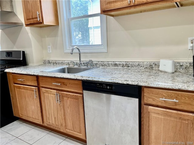 kitchen with wall chimney exhaust hood, stainless steel dishwasher, a sink, range with electric stovetop, and brown cabinetry