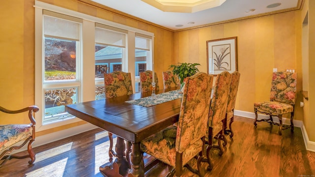 224 Tepi Dr, Southbury, CT 06488 - dining room with baseboards, wood finished floors, ornamental molding, and a raised ceiling