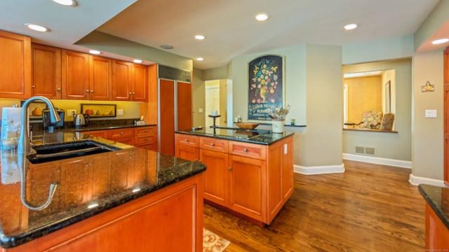 224 Tepi Dr, Southbury, CT 06488 - kitchen with dark stone countertops, visible vents, baseboards, recessed lighting, and dark wood finished floors