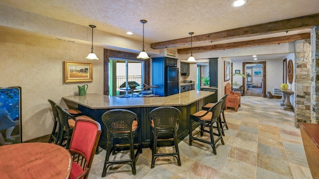 224 Tepi Dr, Southbury, CT 06488 - bar featuring beam ceiling, a textured ceiling, visible vents, and recessed lighting