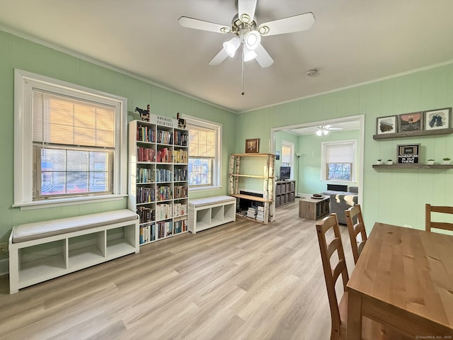 2811 Fairfield Ave Unit 1, Bridgeport, CT 06605 - dining space featuring a ceiling fan, wood finished floors, and crown molding