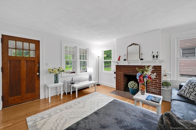 134 Saint Charles St, West Hartford, CT 06119 - living area featuring wood finished floors, a textured ceiling, radiator heating unit, and a fireplace