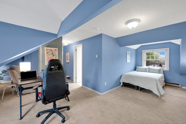134 Saint Charles St, West Hartford, CT 06119 - bedroom featuring vaulted ceiling, baseboard heating, carpet, baseboards, and a textured ceiling