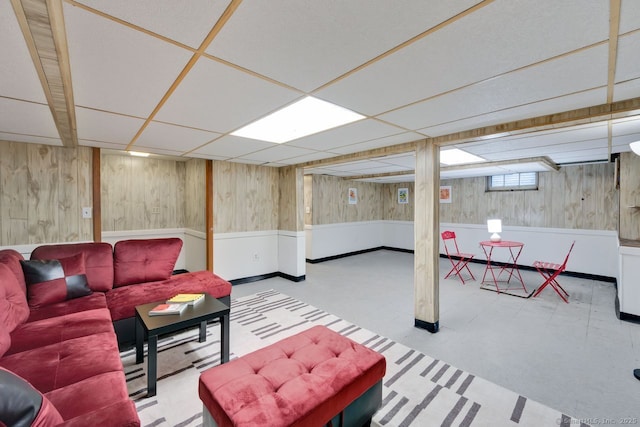 134 Saint Charles St, West Hartford, CT 06119 - living room with a drop ceiling and wooden walls