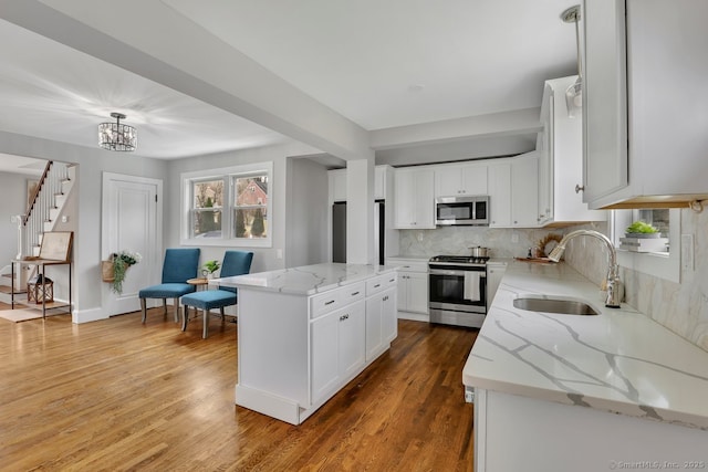kitchen with wood finished floors, a sink, appliances with stainless steel finishes, and decorative backsplash