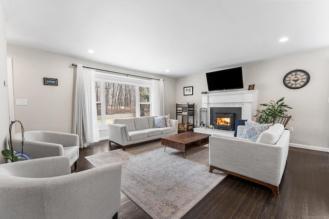 21 White Birch Rd, Redding, CT 06896 - living room featuring dark wood finished floors, baseboards, a brick fireplace, and recessed lighting