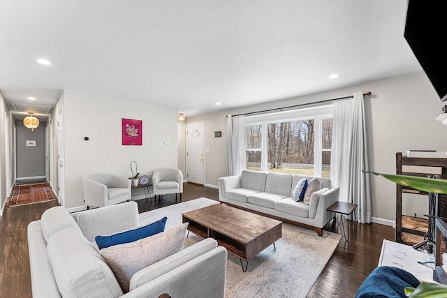 21 White Birch Rd, Redding, CT 06896 - living room featuring dark wood-style flooring, baseboards, and recessed lighting