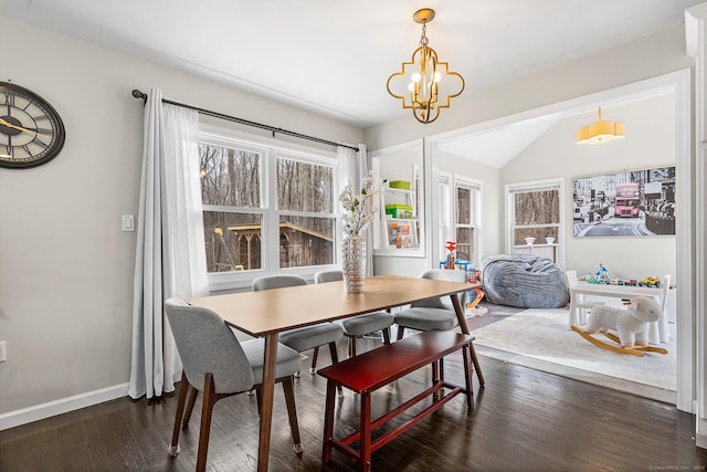 21 White Birch Rd, Redding, CT 06896 - dining area featuring an inviting chandelier, lofted ceiling, baseboards, and dark wood finished floors