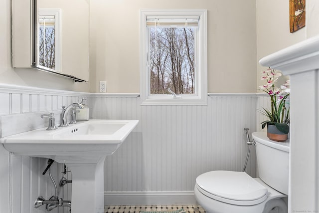 21 White Birch Rd, Redding, CT 06896 - bathroom with wainscoting, toilet, and a sink