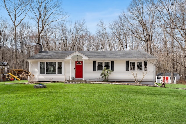 21 White Birch Rd, Redding, CT 06896 - ranch-style home with a chimney, an outbuilding, a shed, and a front lawn