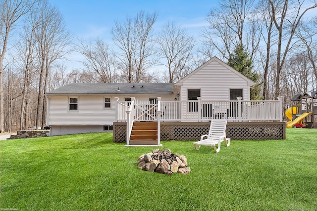 21 White Birch Rd, Redding, CT 06896 - rear view of house featuring an outdoor fire pit, stairs, a wooden deck, and a lawn