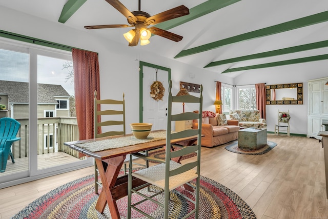 dining space with light wood-style flooring, lofted ceiling with beams, and a ceiling fan