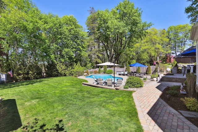 view of yard featuring a fenced in pool, a patio area, and fence