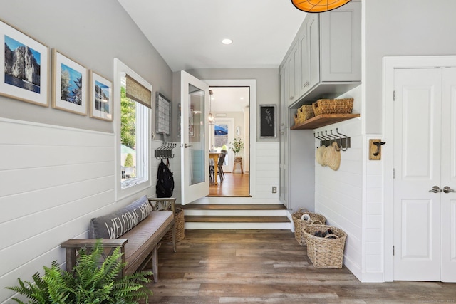 mudroom featuring recessed lighting, wood finished floors, and a wainscoted wall