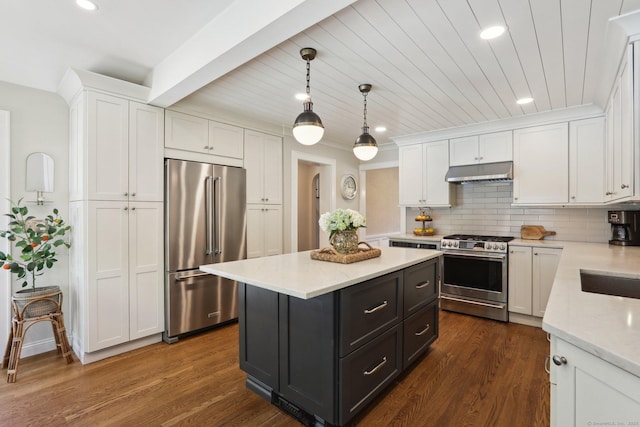 kitchen featuring white cabinets, appliances with stainless steel finishes, a center island, recessed lighting, and under cabinet range hood