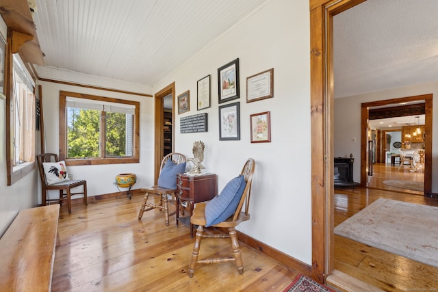 sitting room with wood-type flooring, baseboards, and a wood stove