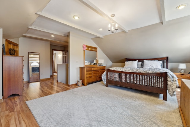 bedroom with light wood-style floors, baseboards, vaulted ceiling with beams, and recessed lighting