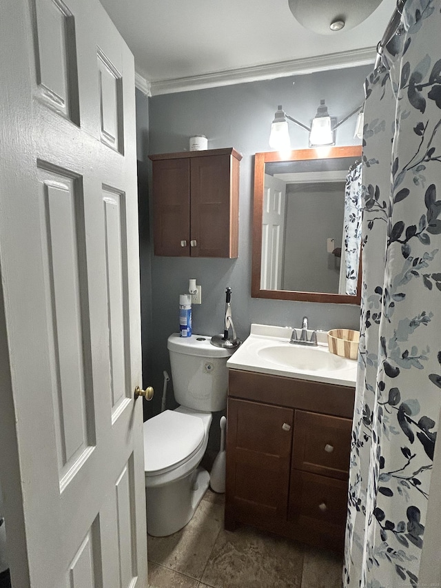 full bath with ornamental molding, toilet, and vanity