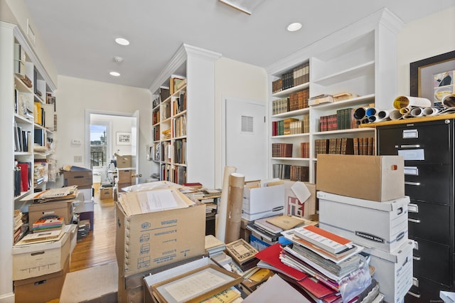 office area featuring recessed lighting, wood finished floors, and visible vents