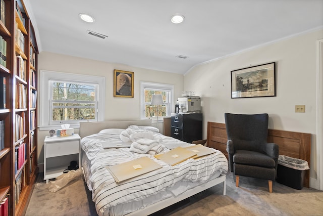 bedroom featuring recessed lighting, visible vents, and crown molding