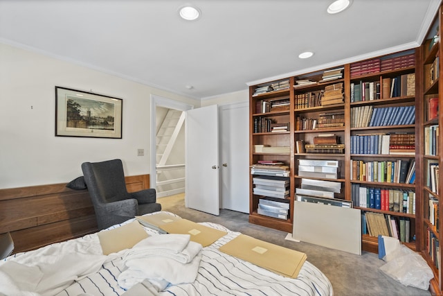 bedroom featuring recessed lighting, carpet, and crown molding