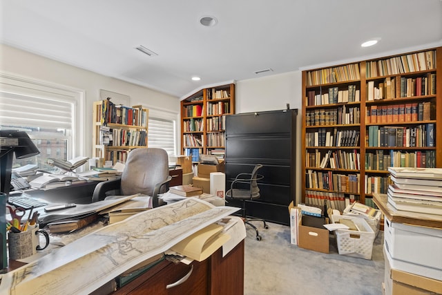 home office with visible vents, recessed lighting, and light colored carpet