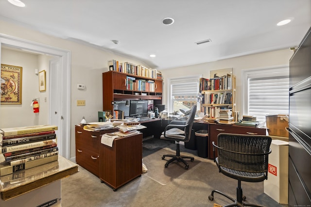 home office featuring visible vents, carpet floors, and recessed lighting
