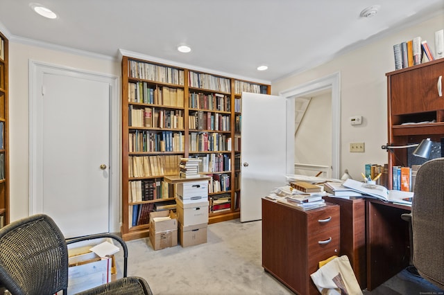 carpeted office featuring recessed lighting and ornamental molding