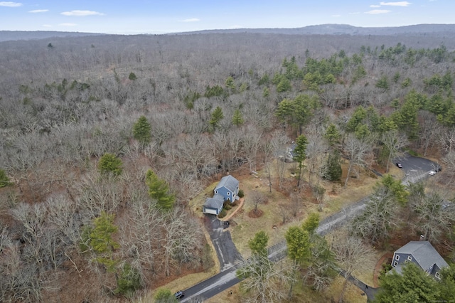 drone / aerial view with a wooded view