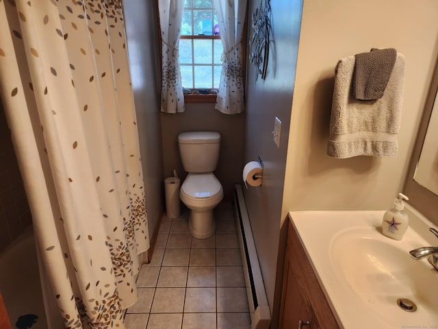 27 Payne Pl, Meriden, CT 06450 - full bathroom with toilet, tile patterned flooring, vanity, a baseboard heating unit, and a shower with curtain