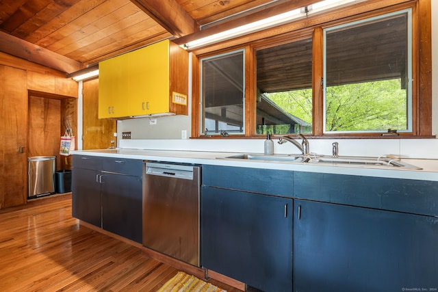 29 Lighthouse Rd, Woodbury, CT 06798 - kitchen featuring stainless steel dishwasher, a wooden ceiling with exposed beams, light wood-type flooring, light countertops, and blue cabinetry