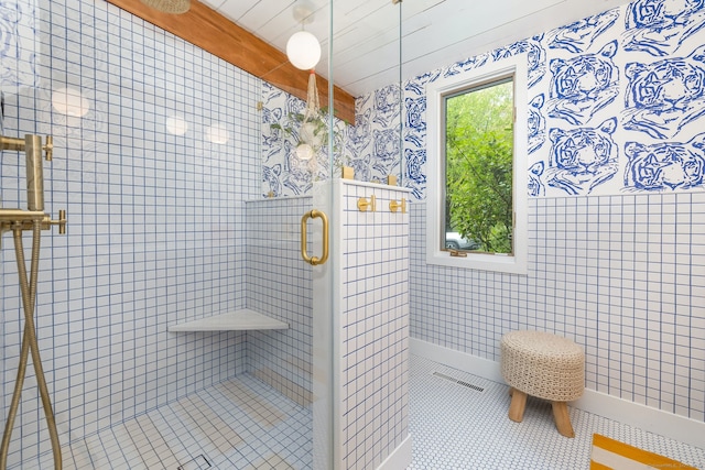 29 Lighthouse Rd, Woodbury, CT 06798 - bathroom featuring a shower stall, tile patterned floors, and tile walls