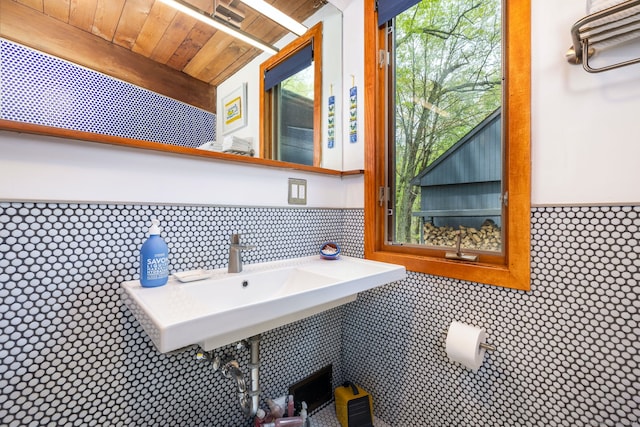 29 Lighthouse Rd, Woodbury, CT 06798 - bathroom with wood ceiling, a wainscoted wall, and tile walls