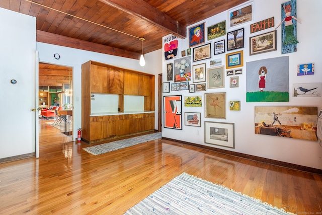 29 Lighthouse Rd, Woodbury, CT 06798 - corridor featuring a wooden ceiling with exposed beams and light wood finished floors