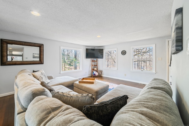 living room featuring baseboards, a textured ceiling, and wood finished floors