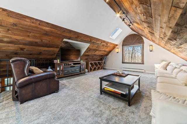 carpeted living room featuring rail lighting, vaulted ceiling, baseboards, wood ceiling, and a baseboard radiator