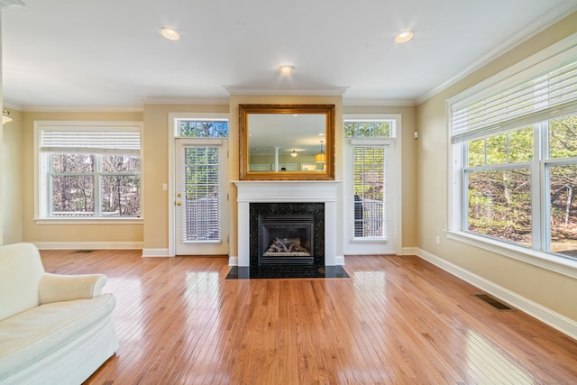 1 Winding Trl Unit 1, Middlebury, CT 06762 - living room with light wood-type flooring, baseboards, a premium fireplace, and ornamental molding