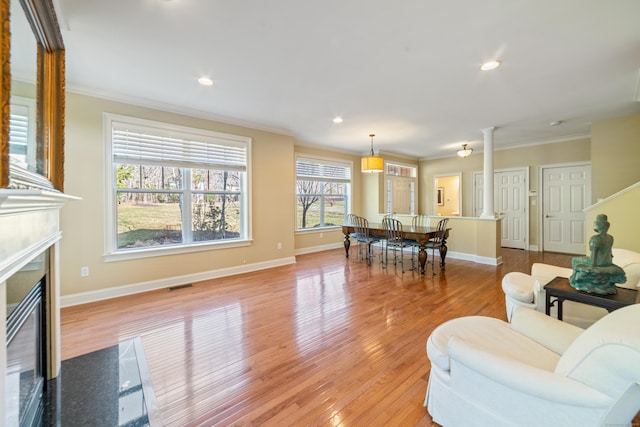 1 Winding Trl Unit 1, Middlebury, CT 06762 - living room with decorative columns, crown molding, a premium fireplace, light wood-style flooring, and baseboards