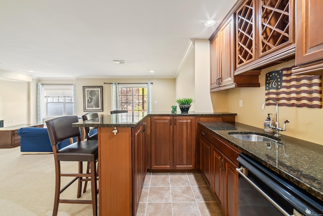 1 Winding Trl Unit 1, Middlebury, CT 06762 - kitchen featuring dishwasher, a sink, crown molding, a peninsula, and dark stone countertops