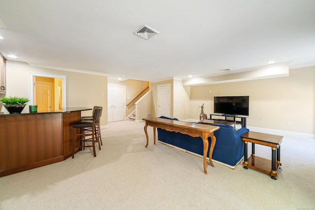 1 Winding Trl Unit 1, Middlebury, CT 06762 - living room featuring light carpet, bar, recessed lighting, ornamental molding, and stairway
