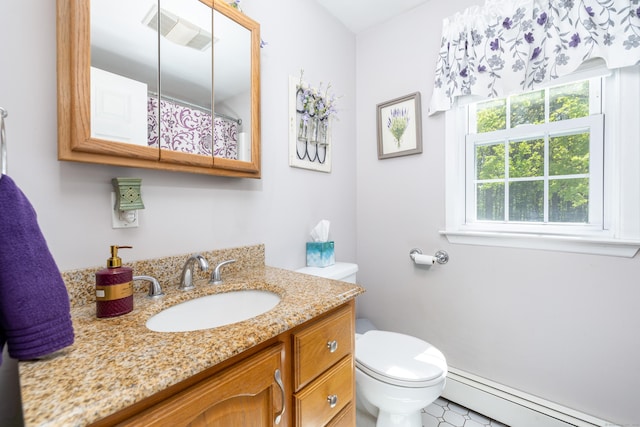 full bathroom featuring baseboard heating, vanity, toilet, curtained shower, and visible vents