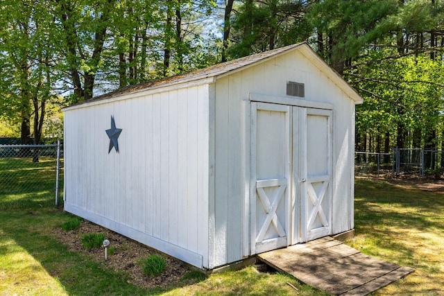 view of shed with a fenced backyard